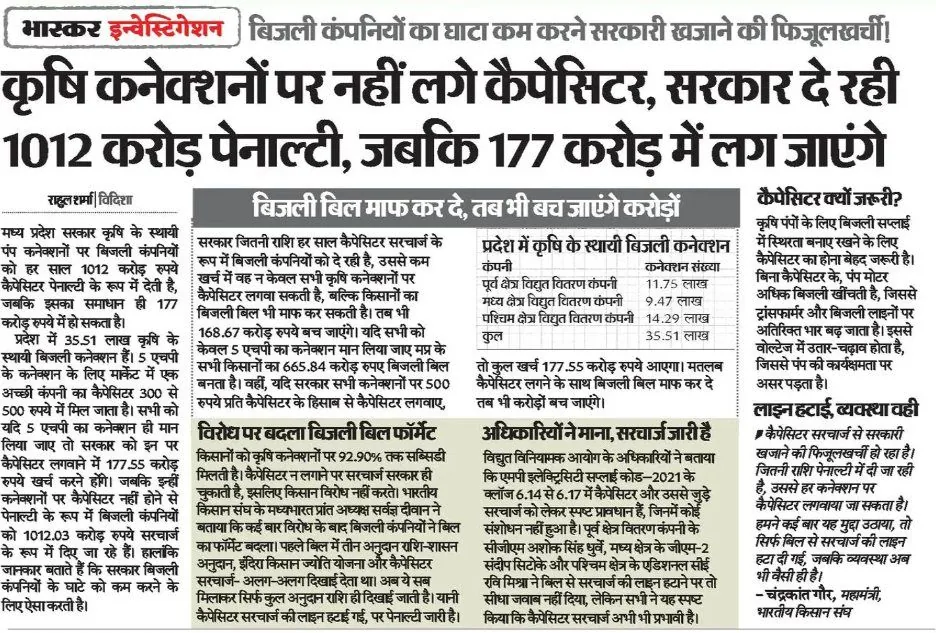 No capacitors on farm power connections; state pays ₹1,012 cr penalty that ₹177 cr would fix — Dainik Bhaskar · Bhaskar Investigation — report by Rahul Sharma